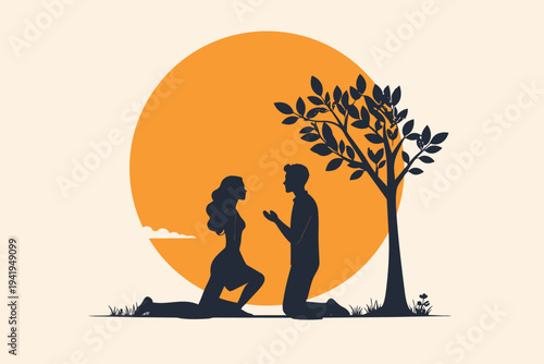 A silhouette illustration of a family and child under a tropical palm tree at sunset, featuring a couple in love against an orange summer sky and sea landscape vector art