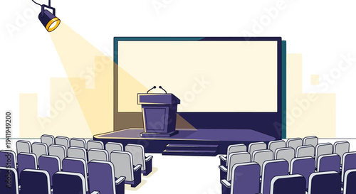 Empty conference hall with stage and spotlight in modern cartoon style