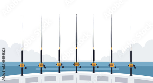 Realistic fishing rods on boat with ocean view in minimalist flat design
