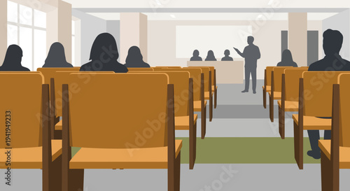 Audience in conference room with presenter and orange seats