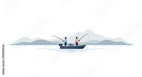 Minimalist fishing adventure on a calm lake with distant mountains