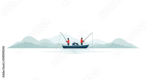 Peaceful fishing scene with two friends on a boat in tranquil waters