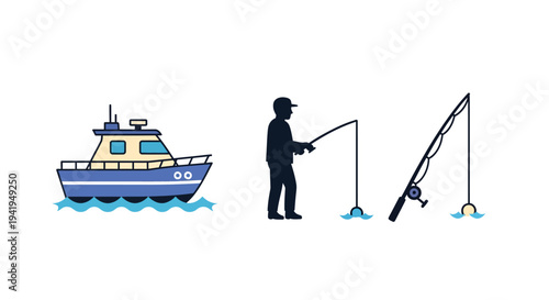 Fishing adventures: boat, fisherman, and rod icon set