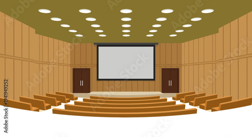 Modern auditorium with wooden interior and projector screen