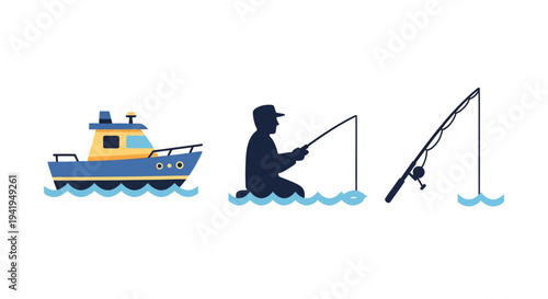 Silhouette icons of fishing boat, fisherman, rod for marine recreation