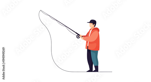 Man fishing in stylish attire with minimalist design on white background
