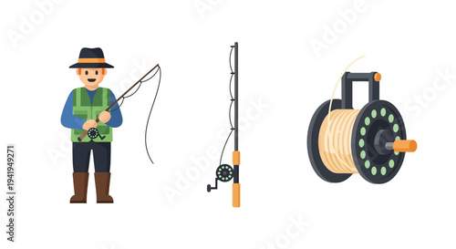 Flat design fishing elements with angler, rod, and reel