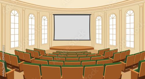 Cozy auditorium with projection screen and classic arch windows
