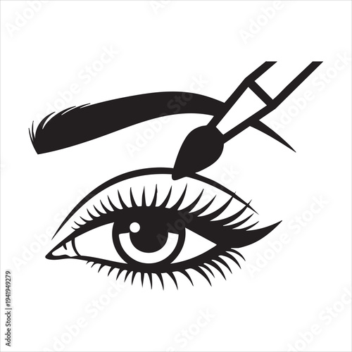 A black and white image of an eye with a brush applying eyeliner