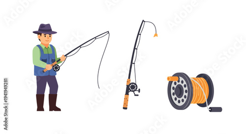 Fisherman with rod, bait, and reel equipment in flat style