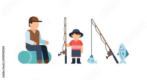 Father and son fishing adventure with catch and fishing gear in flat design