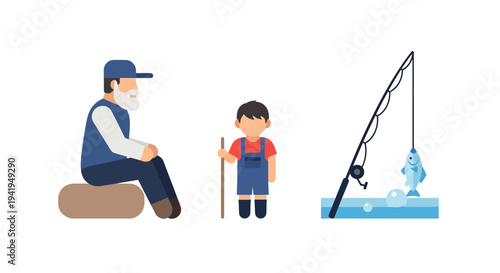 Father and son fishing adventure with catch of the day in flat cartoon style