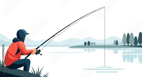 Scenic fishing lake with angler in hoodie against mountain landscape