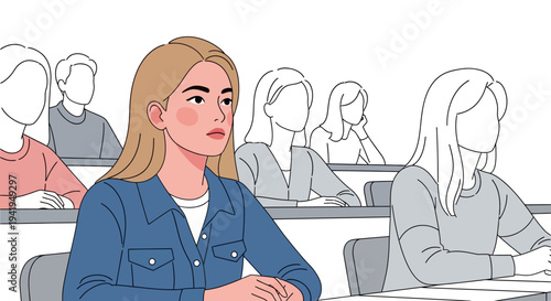 Focused student in lecture hall with classmates in minimalist setting