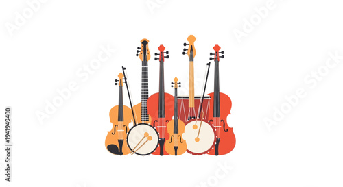 Musical instruments collection in flat style: guitar, violin, banjo, cello, double bass