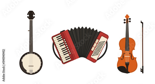 Collection of musical instruments: banjo, accordion, violin