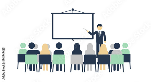 Business presentation graphic: professional speaker with audience and projector screen
