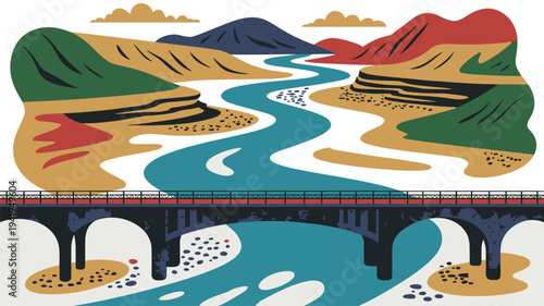 River flow infographic showing water level changes. Environmental illustration showing river flow levels and hydrology data in natural landscape.