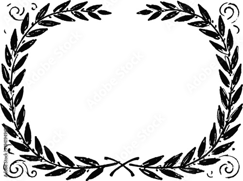 Vintage laurel wreath frame with decorative swirls, classic ornamental border design in black silhouette