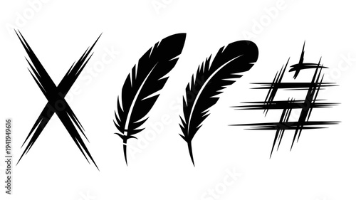 A versatile set of four black brush stroke style symbols, featuring an 'X', two feathers, and a hash tag.