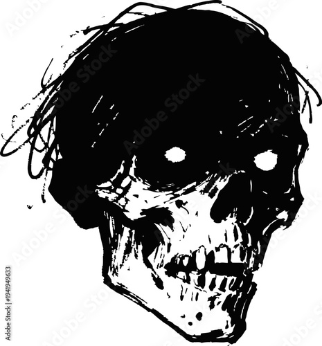 Black ink skull with hollow eyes and rough sketch art illustration