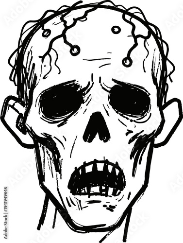 Black and white zombie head illustration scary undead face with sunken eyes and decayed skin for horror and halloween themes