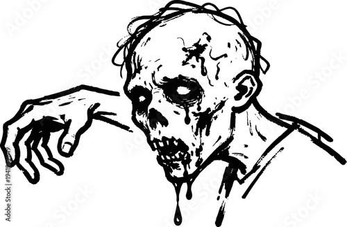 Black and white zombie illustration with decayed face and dripping blood, horror creature design