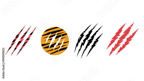 A collection of diverse claw mark vectors featuring red, black, and tiger stripe designs, symbolizing strength and aggression