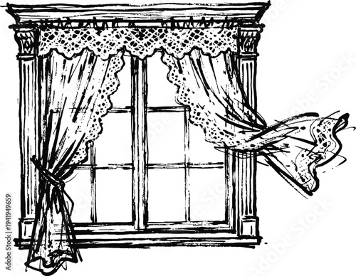 Vintage window with lace curtains blowing in the breeze classic framed open window design