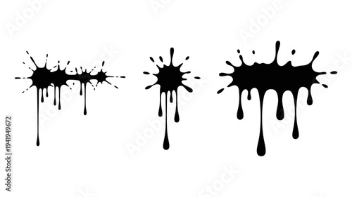 Three expressive black paint splatters with distinct dripping streaks on a stark white backdrop.
