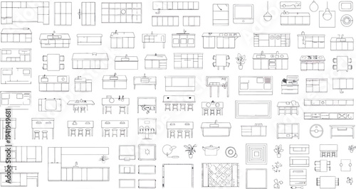 A collection of various technical blueprint drawings isolated on transparent background