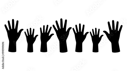 A powerful row of diverse black silhouette hands raised upwards, symbolizing unity and participation.