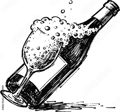 Bottle and glass of sparkling wine with bubbles, hand drawn vintage alcohol illustration