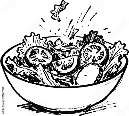 Hand drawn fresh vegetable salad bowl with lettuce and sliced tomatoes illustration