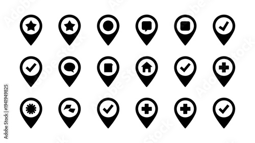 A versatile collection of black map pin icons displaying various symbols for essential location markers.
