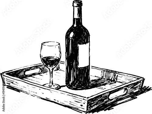 Wine bottle and glass on rustic wooden serving tray hand drawn vintage alcohol illustration