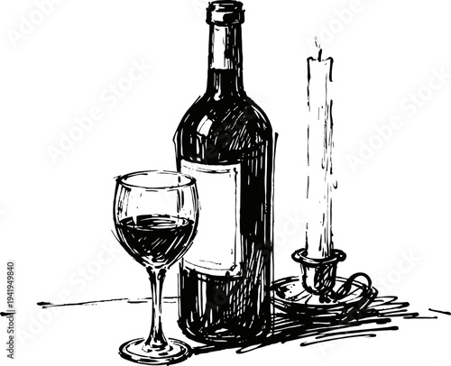 Wine bottle and glass with lit candle romantic still life scene with drinks and warm light ambiance