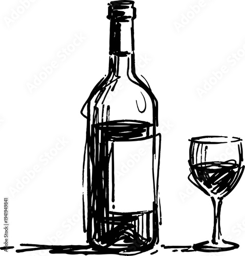 Hand drawn wine bottle and glass sketch simple black ink drawing of beverage container and filled drinking glass