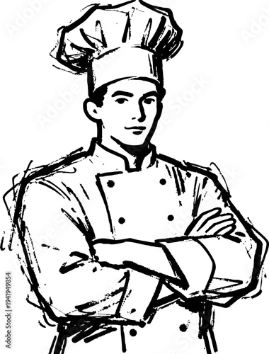 Confident male chef with crossed arms wearing traditional hat and double breasted jacket sketch