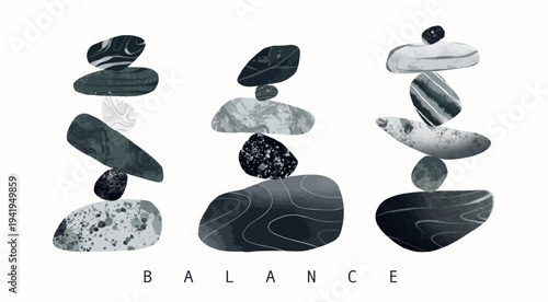 Stone Balance. Pyramid of pebbles. Various shapes, textures. Wellness, meditation, calm, balance, yoga, zen, harmony concept. Hand drawn Vector illustration. Poster, print, logo, design template