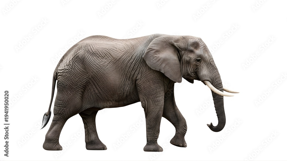 Fototapeta premium A large elephant walking on a transparent background with its tusks visible