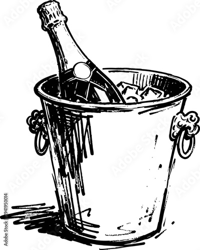 Champagne bottle chilling in ice bucket with handles, celebratory drink in cold water container