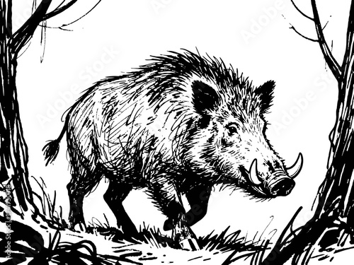 Wild boar walking through forest undergrowth, detailed black and white animal illustration