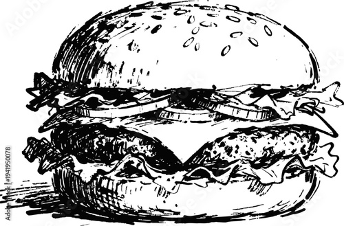 Hand drawn burger illustration with beef patty, lettuce, bacon, tomato, and sesame seed bun
