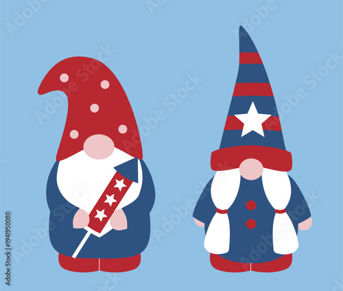 American Independence Day gnome cartoon. 
Patriotic USA gnome vector illustration set.
Fourth of July gnome characters clipart.svg.