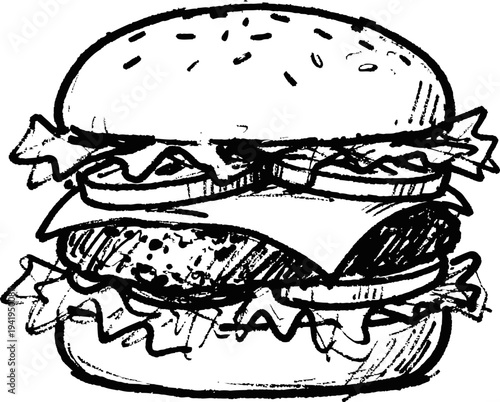 Hand drawn cheeseburger with lettuce, tomato, and onion in bun sketch illustration
