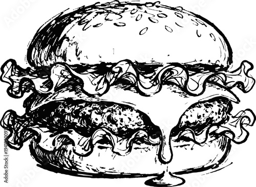 Hand drawn cheeseburger illustration with lettuce, beef patty, and melted cheese on seeded bun
