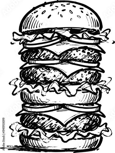 Hand drawn triple cheeseburger sketch with lettuce and tomato in bun sandwich illustration