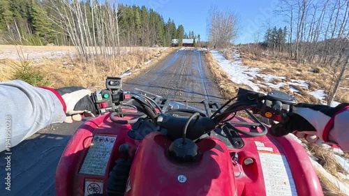 POV Driving ATV Through Nordic Countryside Fields Red Barn Blue Sky Springtime