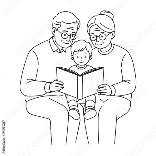 Grandparents Reading Book to Grandchild Vector Illustration - Black and White Outline Drawing of Family Story Time